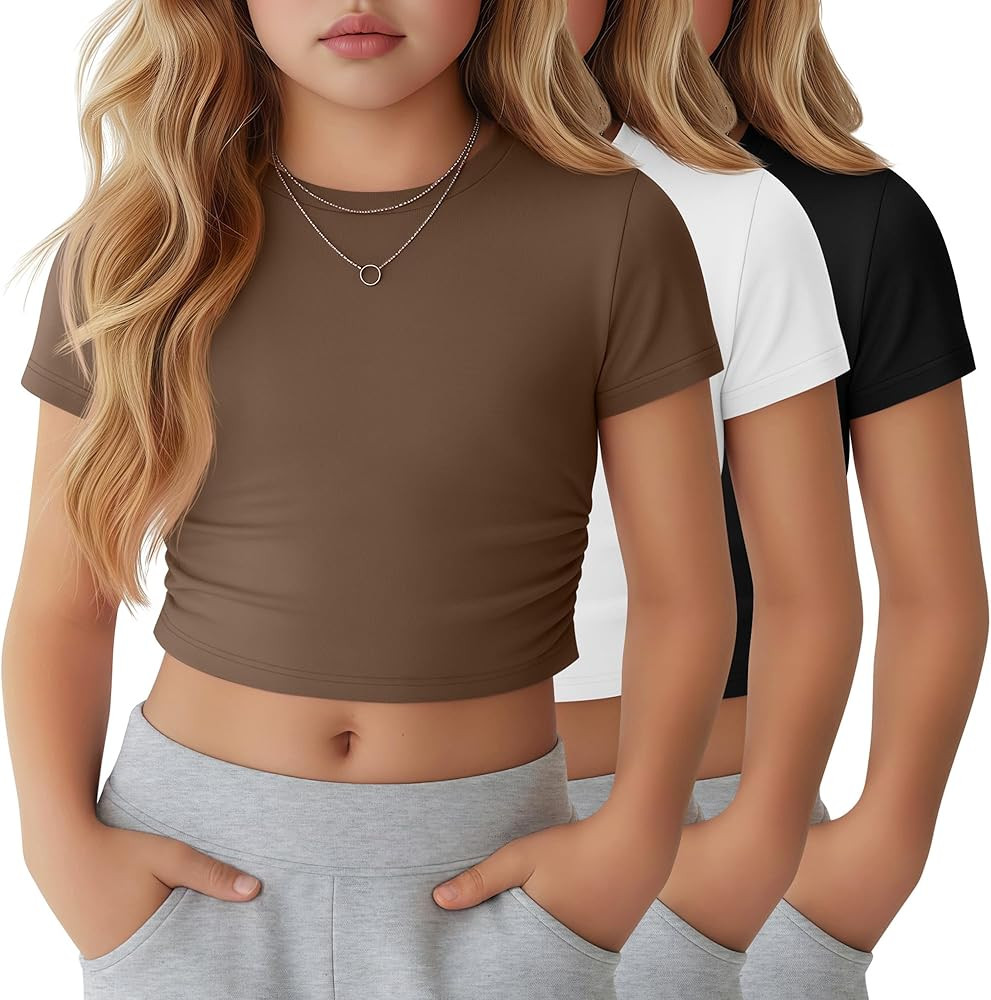3 Pack Girls Crop Tops 5-16y Short Sleeve T-Shirts Tween Girl Slim Crew Neck Ruched Casual Trendy... | Amazon (US)