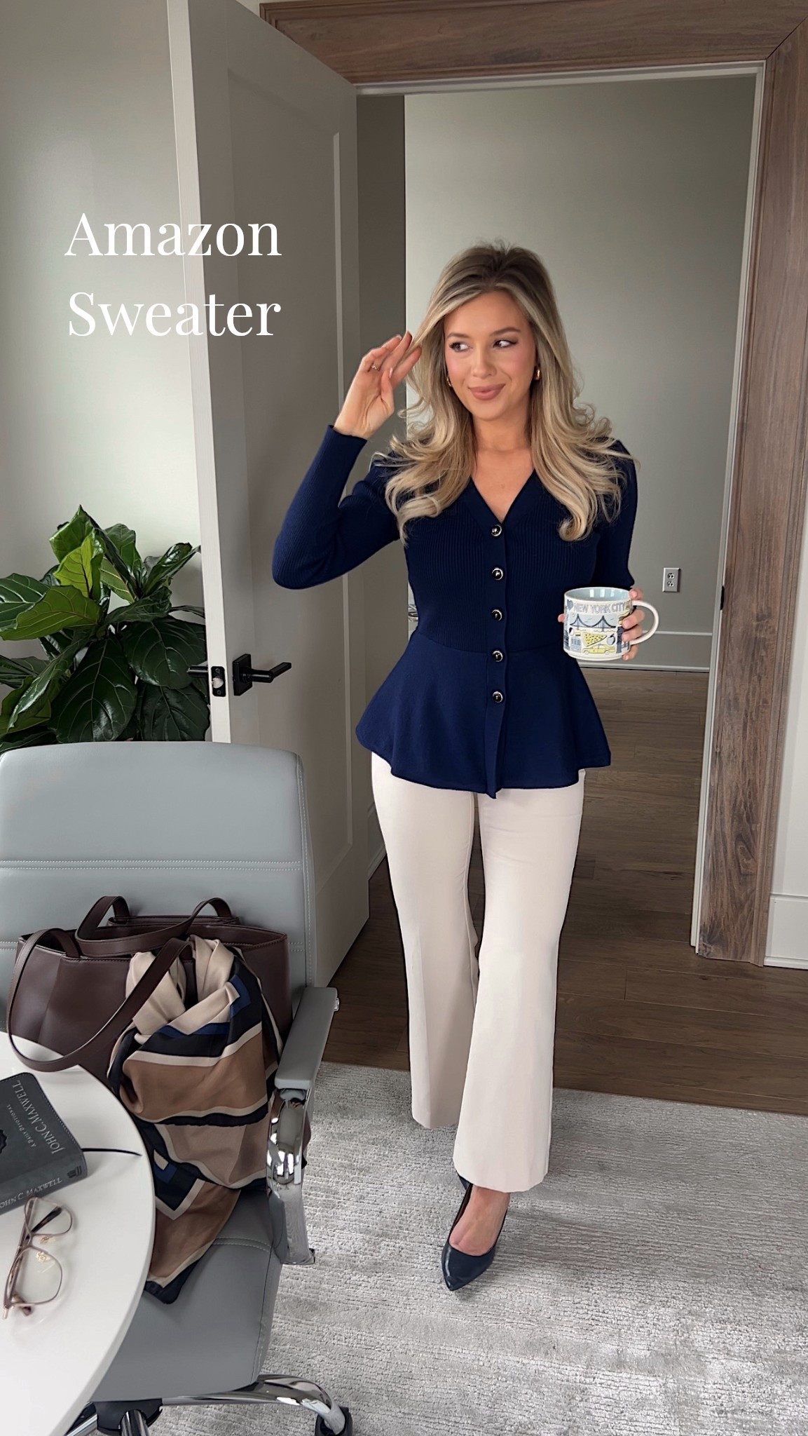 Love this navy peplum cardigan! It has the prettiest black button details! This outfit makes for an easy transition into spring at the office! 
Wearing size 00 petite in pants. 

Corporate outfits, spring fashion, spring outfit, Amazon outfit, workwear 

#LTKWorkwear