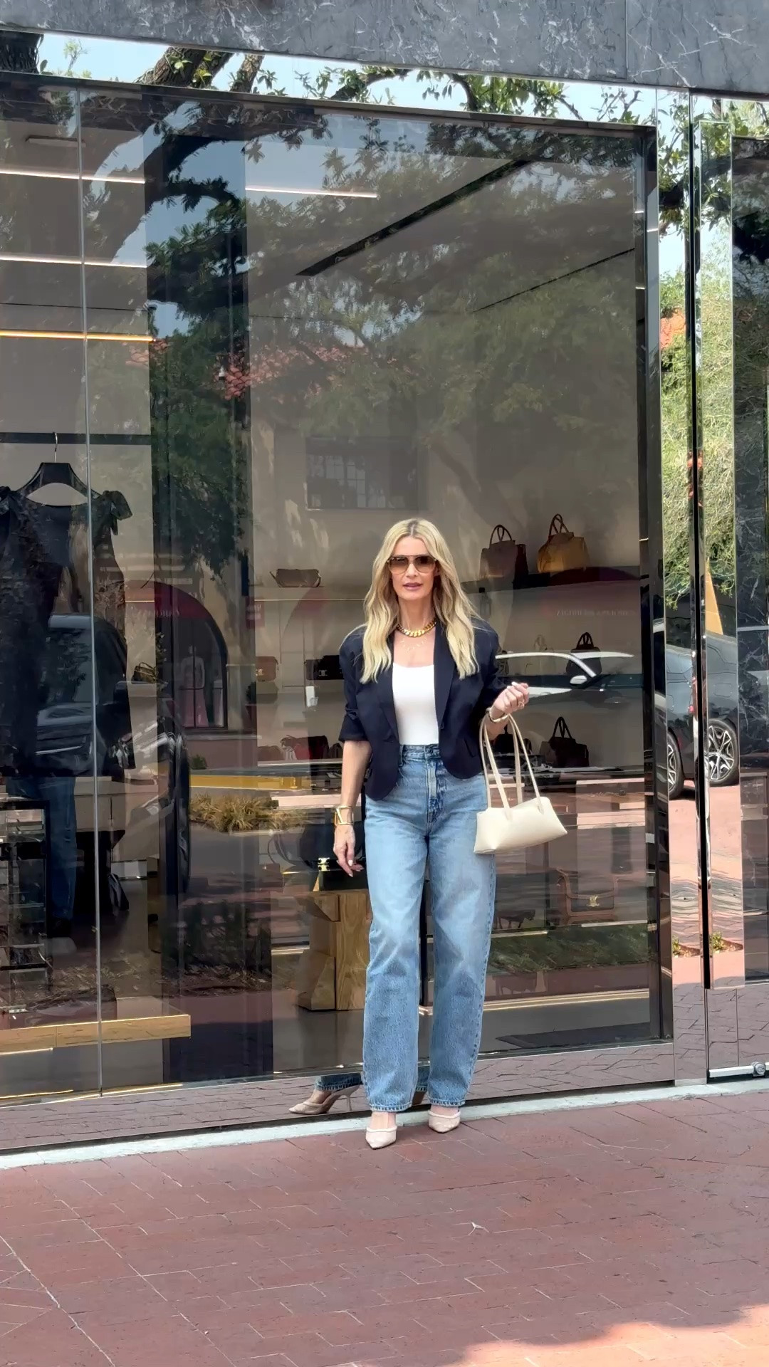 Two must-have fall trends in one effortlessly chic look: a cropped blazer and slim barrel jeans! This stylish outfit is modern, flattering, and perfect for everything from lunch to date night. I’m wearing an XS in the blazer and a 24 in the jeans. #FallFashion #CroppedBlazer #BarrelJeans #FallOutfit #WomenOver40Style 

 