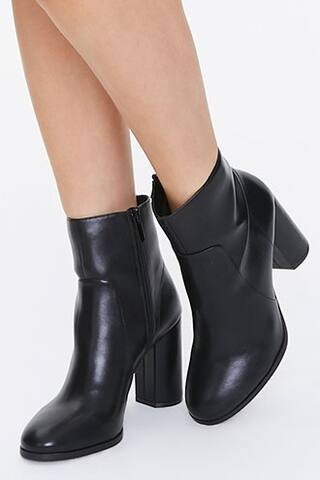 Faux Leather Block Heel Booties at Forever 21 , Black | Forever 21 (US)