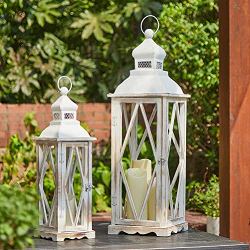 Glitzhome Farmhouse White Wood Metal Lanterns Decorative Hanging Candle Lanterns Set of 2 | Amazon (US)
