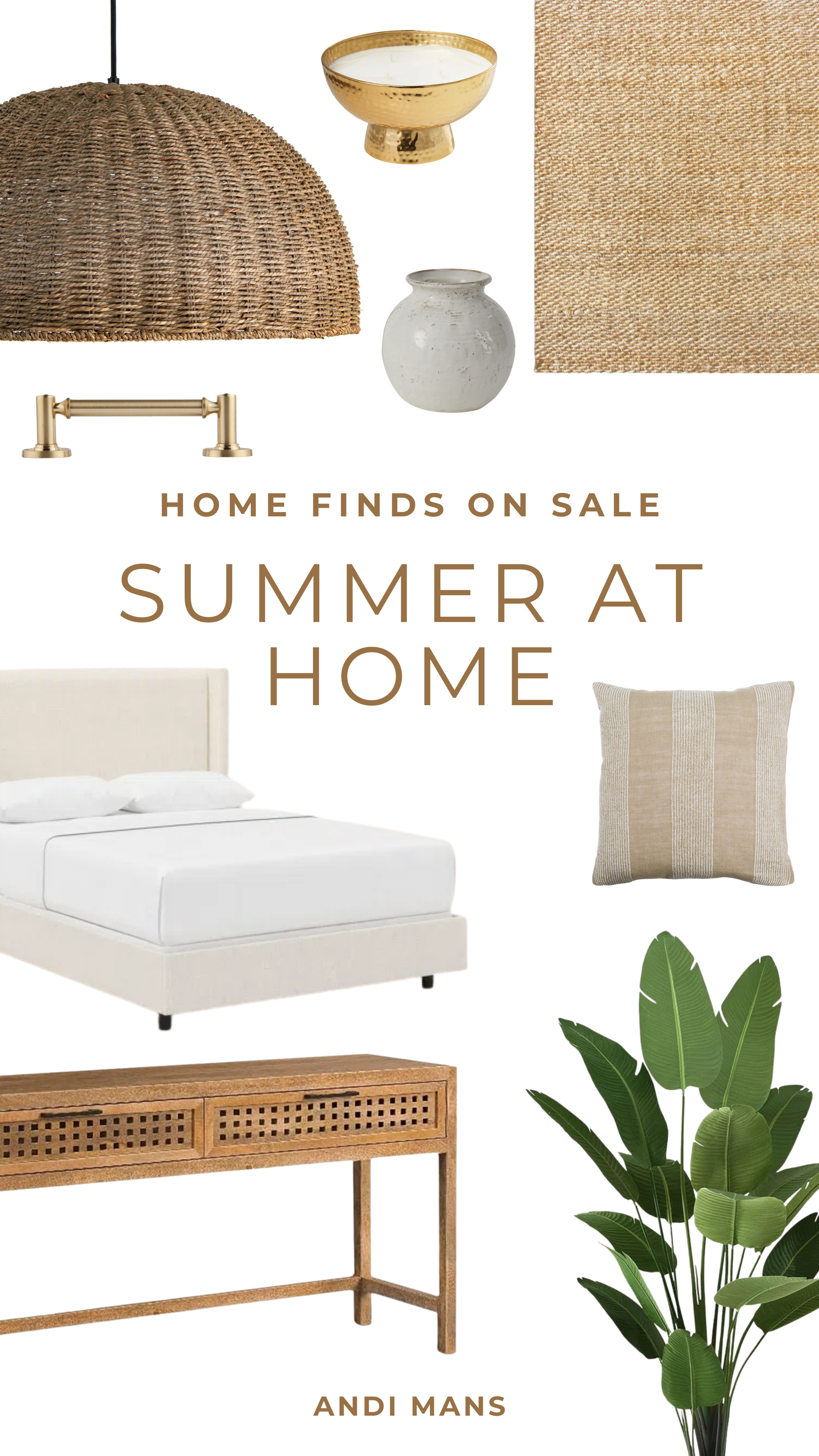 Summer starts in your home! These home finds are on major SALE! Rattan light, jute rug, neutral upholstered bed frame, wooden earthy console table and more! 

 #LTKOver40 #LTKHome #LTKSaleAlert