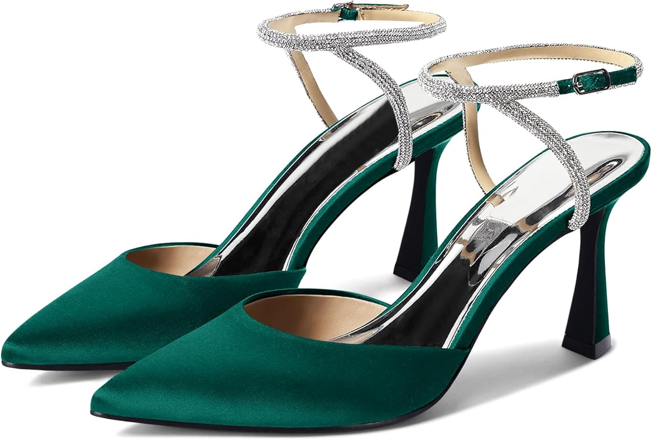 Coutgo Women Rhinestone Heels Kitten High Satin Pumps Pointed Toe Sparkly Sexy Wedding Dress Shoe... | Amazon (US)