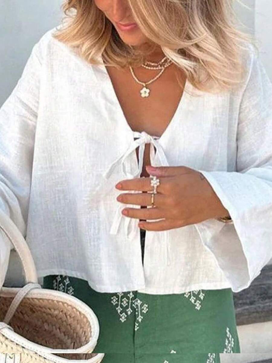 INAWLY Plus Size Long Sleeve Open Front Tie Waist Casual Loose Comfortable Slouchy Shirt | SHEIN