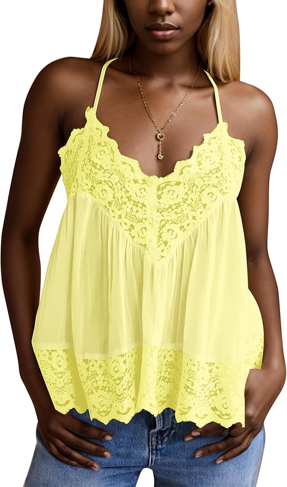 Livtany Women Lace Trim Scalloped Hem Tank Top Sleeveless Backless Peplum Flowy Cami Top Spaghett... | Amazon (US)