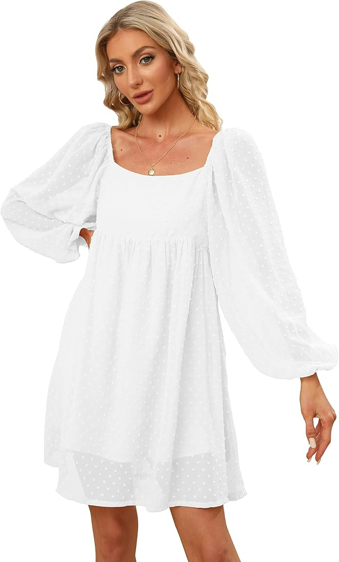 Women's Long Puff Sleeve Dress Swiss Dot Square Neck Flowy Ruffle Hem Swing Babydoll Dress Open B... | Amazon (US)