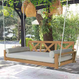 Cambridge Casual Logan 2-Person Teak Wood Porch Swing Daybed with Off White Cushion 131040-TW-XX-... | The Home Depot
