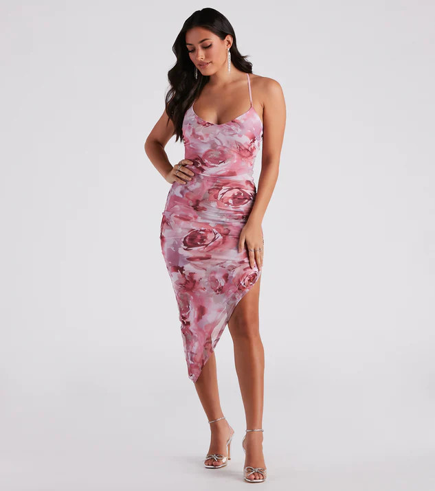Dreamy Floral Ruched Mesh Midi Dress | Windsor Stores