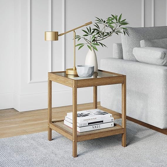 Nathan James Amalia Solid Wood Legs Accent End or Side Table, Light Brown/Glass | Amazon (US)