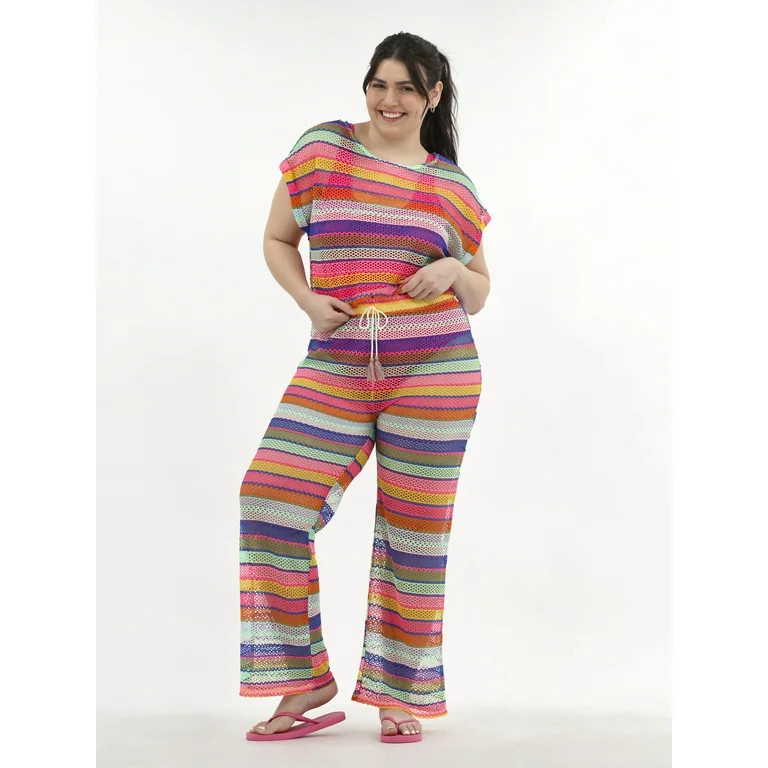 No Boundaries Women's Striped Crochet Crop Top Coverup, Sizes XXS - XXL | Walmart (US)