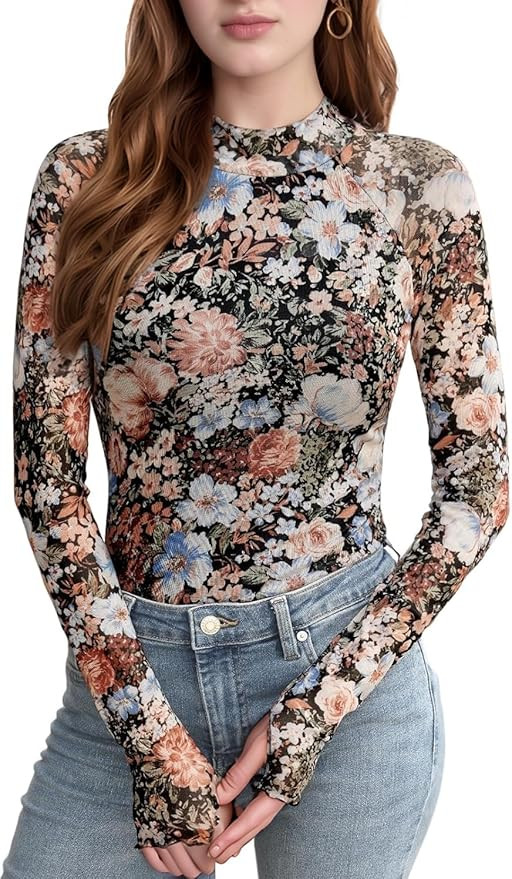 Women's Floral Mesh Long Sleeve Tops - Sheer Lace Mockneck Layering Shirt, Fashion Autumn Leopard... | Amazon (US)