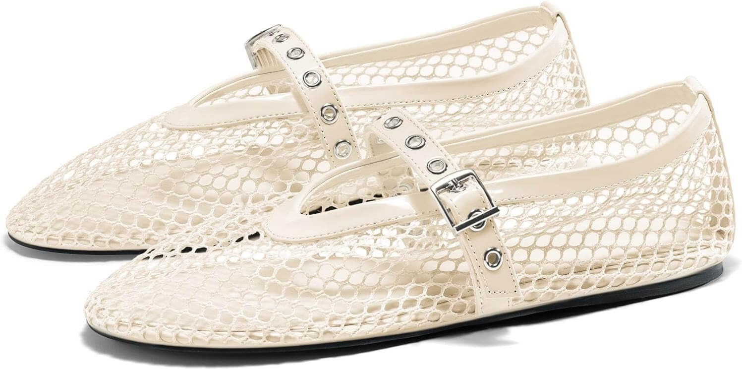 Coutgo Womens Mesh Ballet Flats Mary Jane Fishnet Ballerina Buckle Strap Comfortable Causal Dress Shoes | Amazon (US)