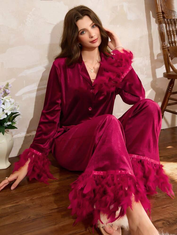 Elegant Feather Trim Pajamas  | SHEIN