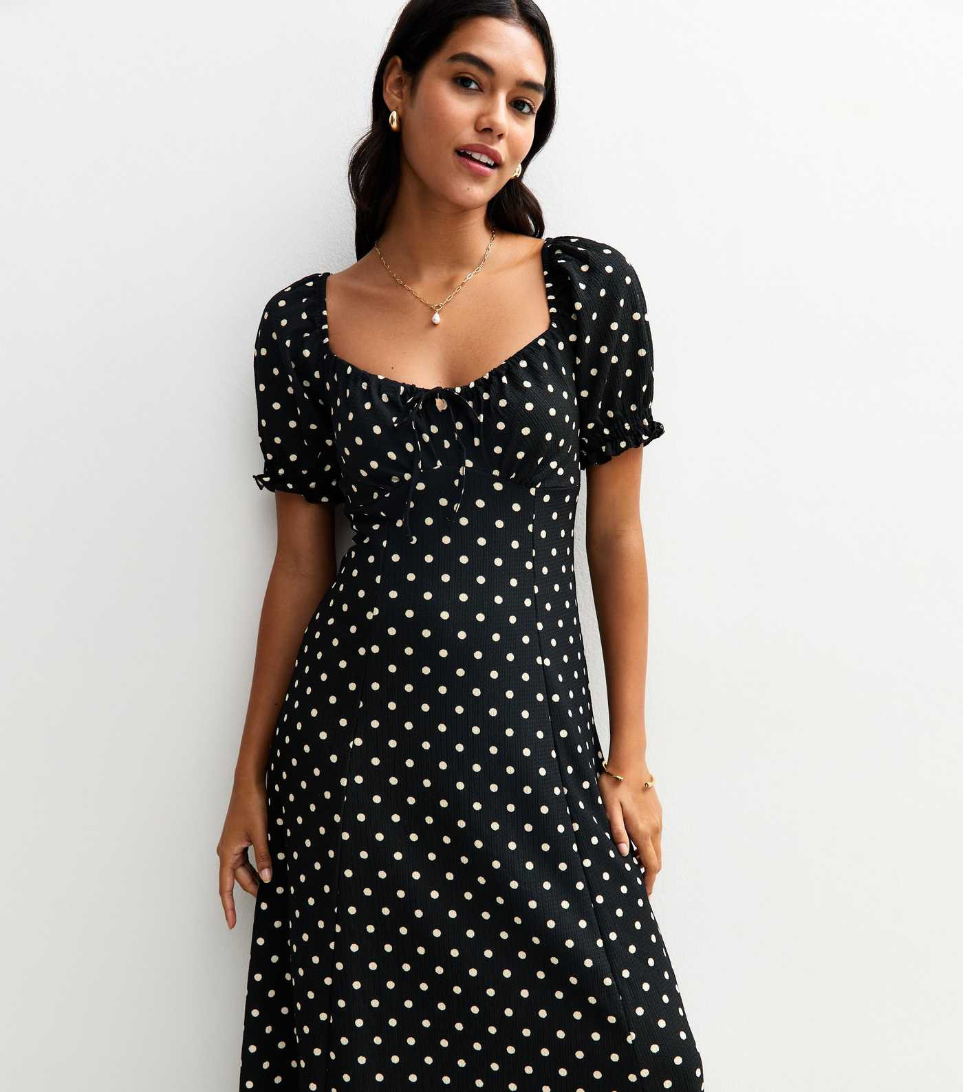 Black Spot Print Crinkle Texture Milkmaid Midi Dress | New Look | New Look (UK)