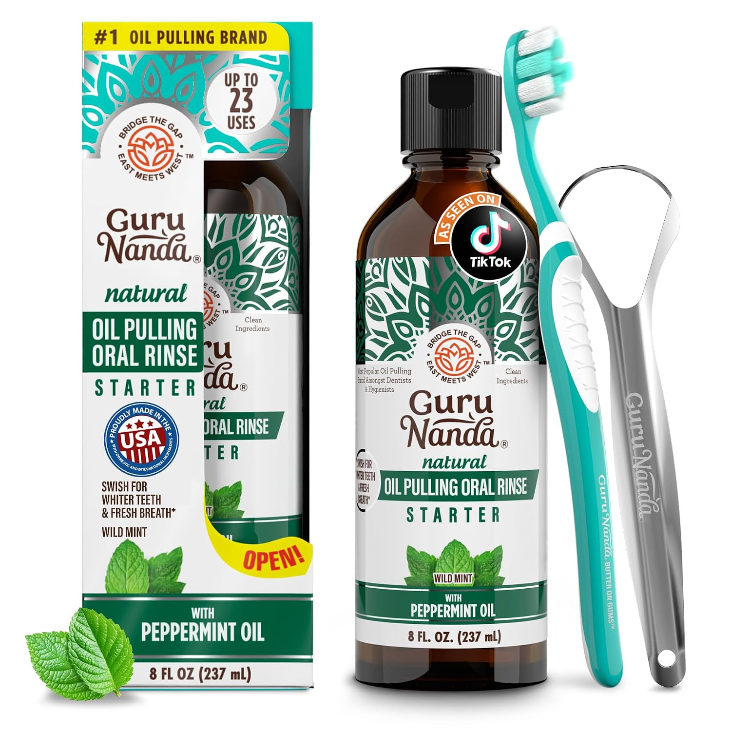 GuruNanda Starter Coconut Oil Pulling Mouthwash with Peppermint Oil, 8oz | Amazon (US)
