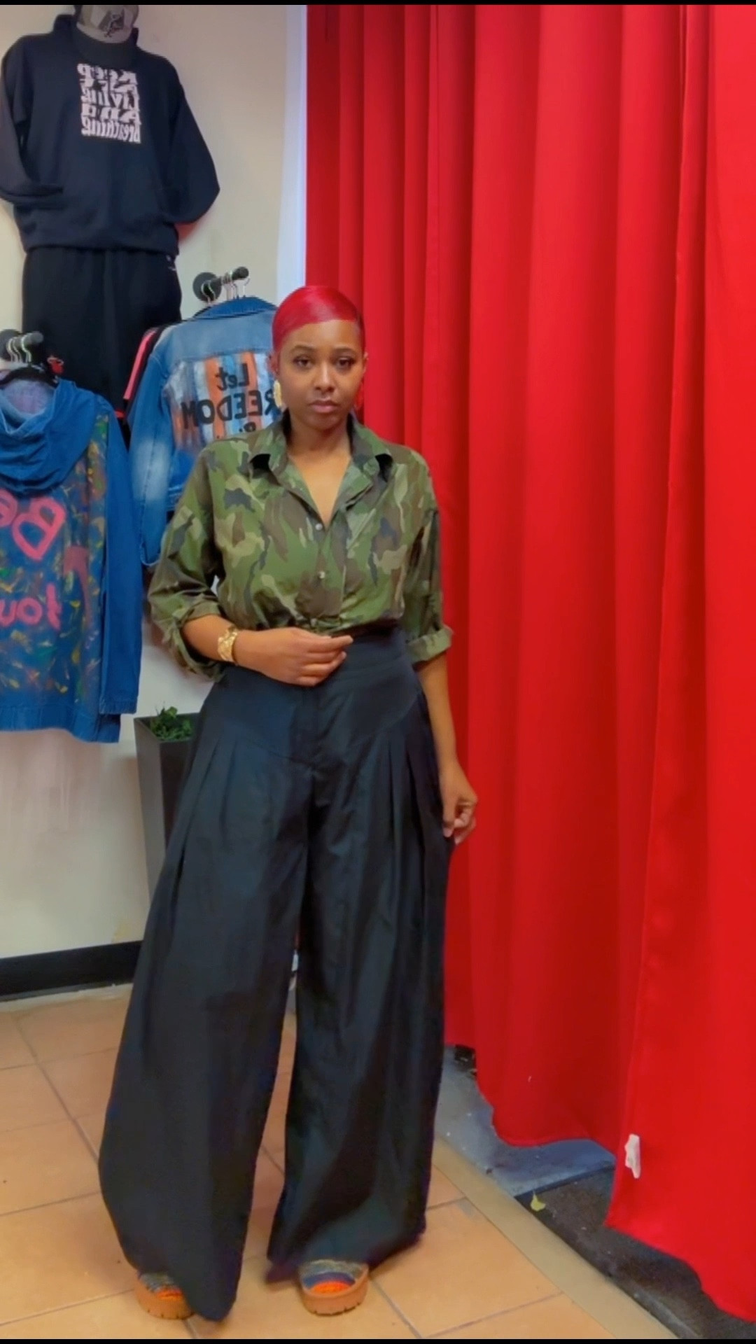 Elevated casual done right. A structured camo button-down tucked into high-waisted wide leg trousers for a polished but effortless look. Perfect for brunch, work, or a day out. Linked similar pieces below.

#LTKootd