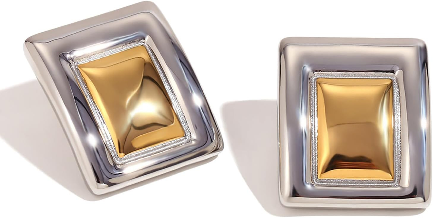 Chunky Gold Rectangle Earrings for Women Gold Silver Two Tone Statement Trendy Geometric Earring Chunk Gold Square Earring Jewelry Gift | Amazon (US)