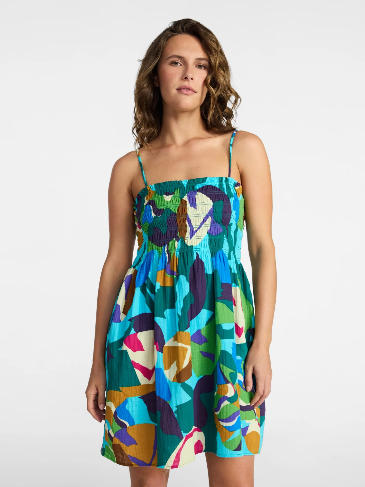 Time and Tru Women's and Women's Plus Smocked Cotton Mini Dress Coverup, Sizes XS-3X | Walmart (US)