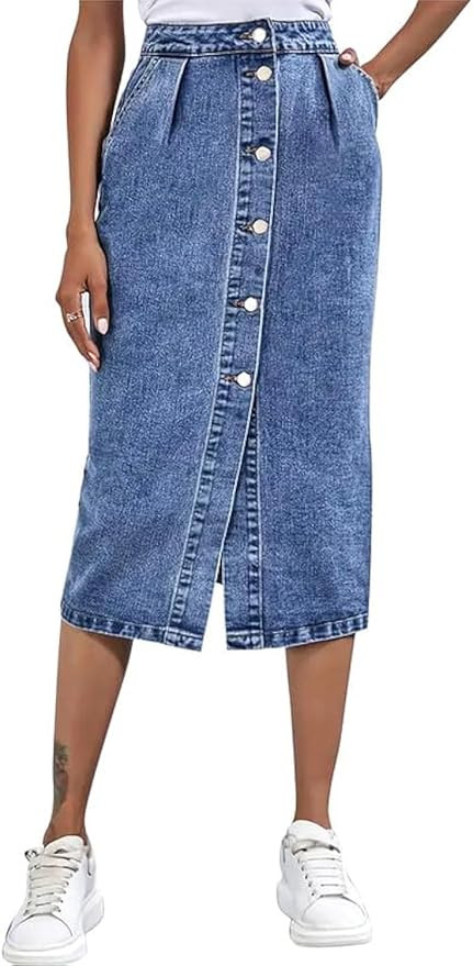 Womens High Waisted Denim Midi Skirt with Pockets Casual A-Line Button Front Long Novelty Skirts ... | Amazon (US)
