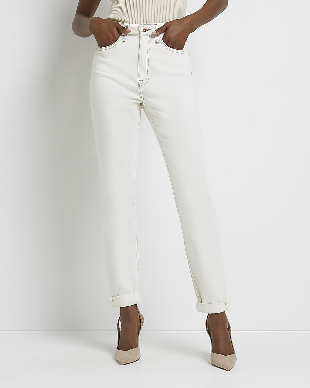 Ecru high waisted mom jeans | River Island (UK & IE)