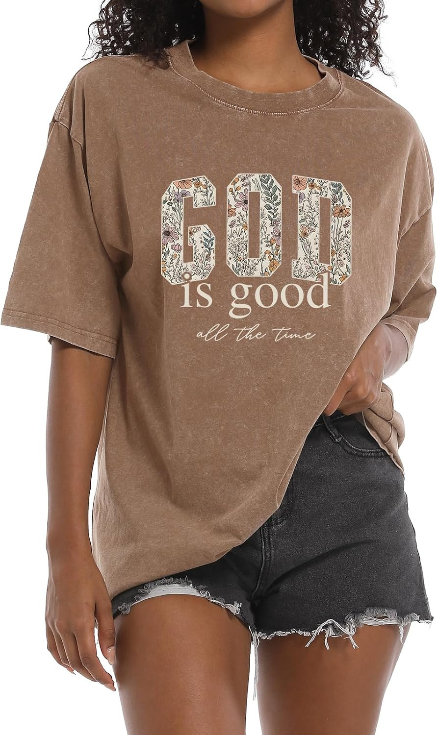 Christian God is Good Shirts for Women Jesus Faith Religious T Shirts Floral Graphic Oversized Acid Washed Tee Tops | Amazon (US)
