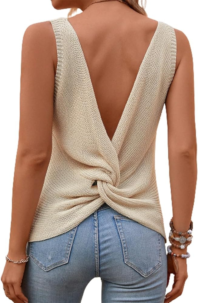 Verdusa Women's Casual Twist Back Sleeveless V Neck Tank Knit Top Vest | Amazon (US)