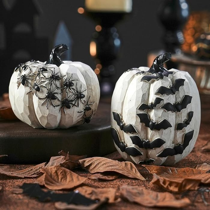 Resin Halloween Pumpkins with Bats and Spiders, 2Pcs White and Black Pumpkin Decor, Small Decorative Pumpkin for Halloween Decorations, Home Tabletop Indoor Party Decor | Amazon (US)