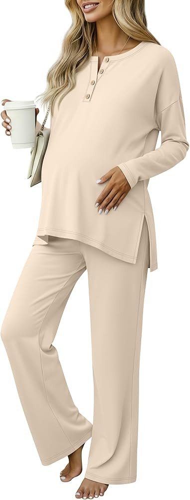 Women's Maternity Pajamas Sets, Long Sleeve Pregnancy Postpartum Delivery Lounge Nursing Pjs with... | Amazon (US)