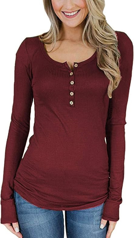 MIHOLL Women's Womens Long Sleeve V-Neck Button Causal Tops Blouse T Shirt Wine Red | Amazon (US)