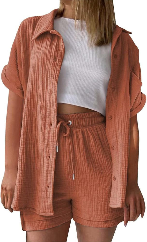 Womens Short Suit Set 2 Piece Summer Linen Cotton Button Down Shirt Jacket Elastic Waist Drawstri... | Amazon (US)