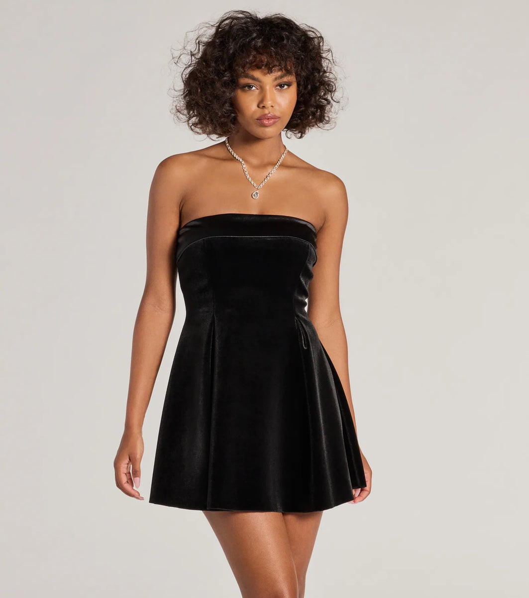 Ella Strapless Pleated Velvet Skater Dress | Windsor Stores