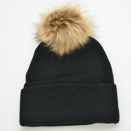 Black beanie with faux fur pom Hat Black Winter Cuffed Pom Warm Knit Cap | Walmart (US)