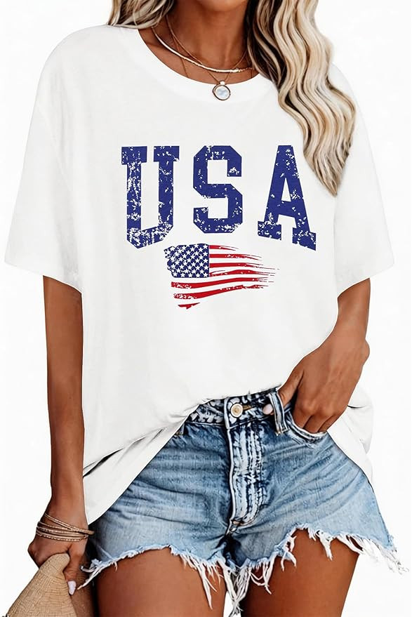 4th of July Outfits for Women USA Patriotic Shirts for Women Short Sleeve Red White and Blue Shir... | Amazon (US)