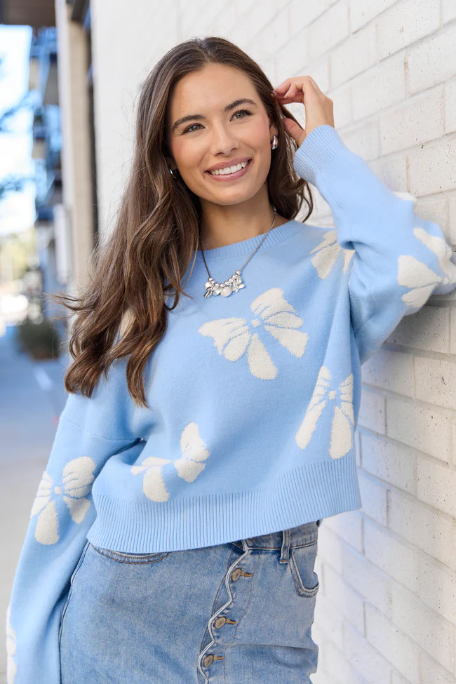 Faye Long Sleeve Blue Bow Print Sweater | Pink Lily