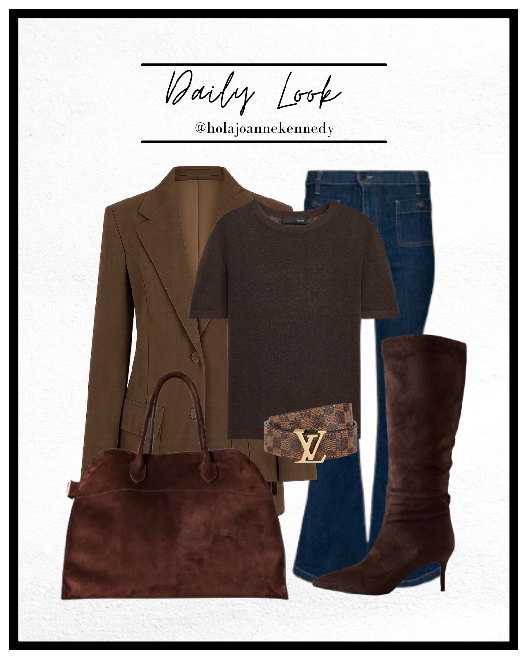 chocolate brown suede blazer, tonal autumn outfit, fine knit t-shirt, classic blue denim, brown suede knee boots, Louis Vuitton brown check belt, The Row suede bowling bag, autumn fashion UK, timeless autumn outfit, chic tonal dressing, UK fashion influence

#LTKuk #LTKeurope #LTKautumn