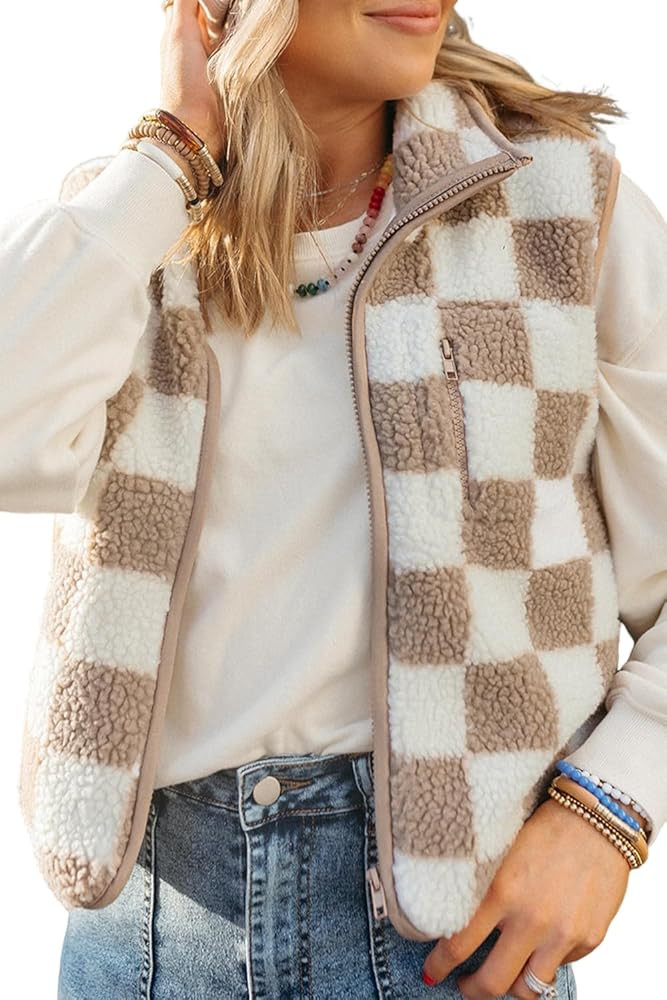 EARKOHA Womens Winter Sleeveless Fleece Top Casual Collar Khaki Checkered Sherpa Collared Jacket ... | Amazon (US)