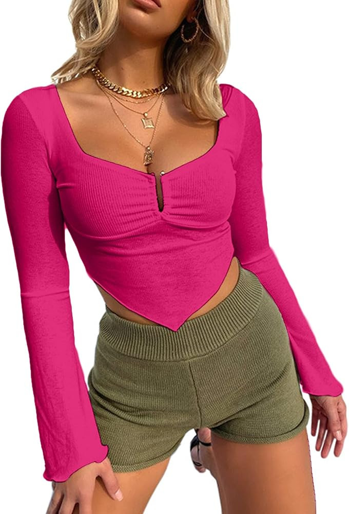 Avanova Women's Long Sleeve Knit Ribbed Crop Top Ruched Front Square Neck Asymmetrical Hem Tees S... | Amazon (US)