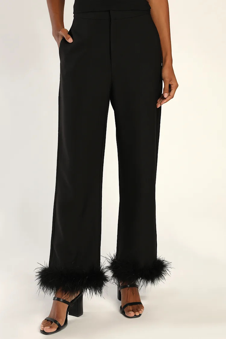 Flair for the Fabulous Black Feather Straight Leg Pants | Lulus