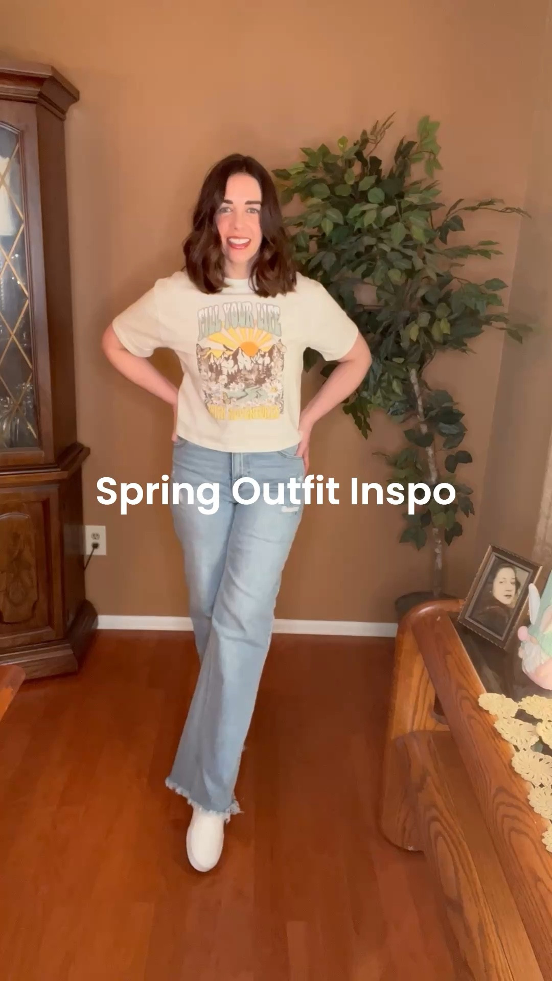 Graphic tshirt (xs). High waisted wide leg jeans (27). White slip on sneakers (8.5). #tshirt #whiteshirt #graphictshirt #creamtshirt #jeans #highwaistedjeans #widelegjeans #sneakers #whitesneakers #sliponsneakers #springoutfit 
spring outfits 2026 

#LTKSeasonal #LTKootd