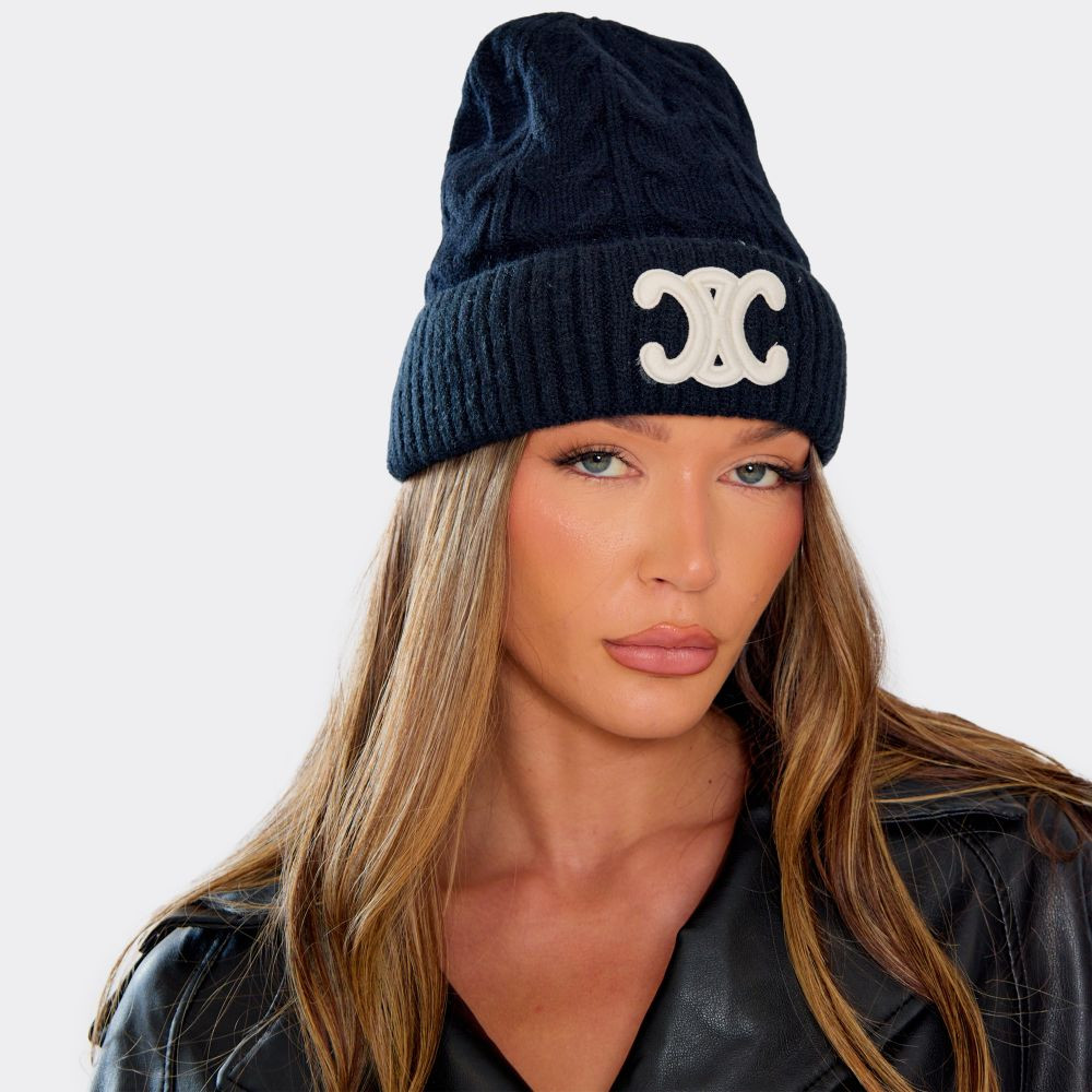 Logo Detail Beanie Hat In Black Cable Knit | EGO (UK)