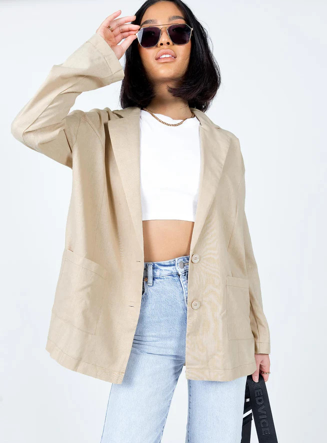 Amber Oversized Linen Blazer Beige | Princess Polly US