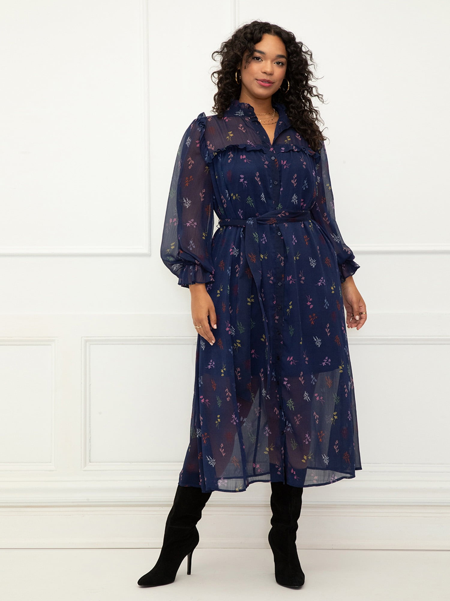 ELOQUII Elements Women's Plus Size Midi Shirtdress With Ruffles | Walmart (US)