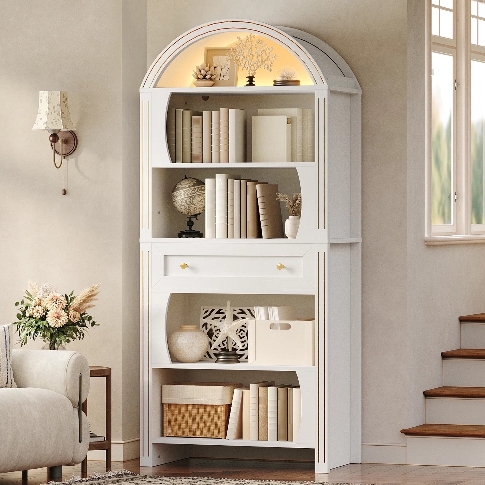 This tall arched bookcase combines architectural curves, warm wood texture, and integrated LED lighting to create a statement storage piece that feels both elevated and inviting. ON SALE and under $150.

Keywords:

* arched bookcase
* tall bookshelf
* LED bookshelf
* farmhouse bookcase
* wood storage shelf
* open shelving unit
* decorative bookcase
* living room storage
* modern farmhouse decor
* organic modern interior
* curated home aesthetic
* architectural furniture
* warm wood furniture
* luxury storage solutions
* designer inspired interiors
* statement shelving
* quiet luxury home
* elevated living room
* cozy modern interiors
* gallery inspired decor

#LTKSaleAlert #LTKHome #LTKSeasonal