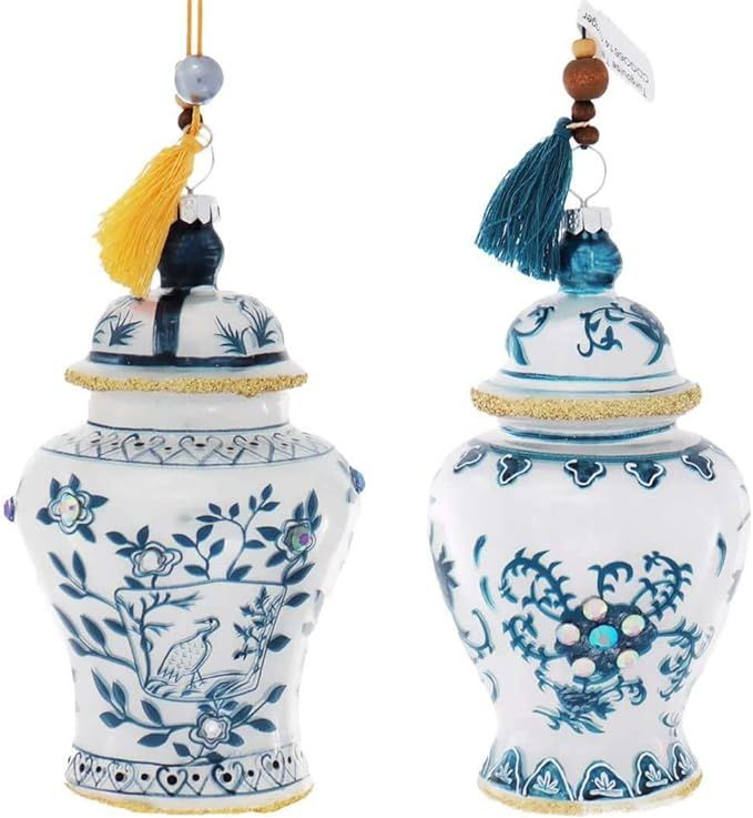 Cody Foster & Co 2 pc Chinoiserie Blue and White Jeweled Ginger Jars Glass Ornaments Set 4 3/4 in... | Amazon (US)