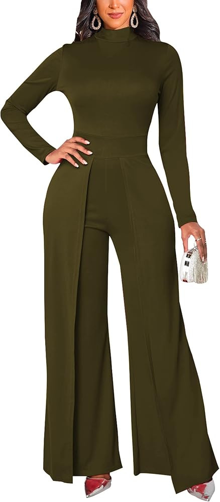Women's Casual Long Sleeve Round Neck Jumpsuits Work Wide Leg Pants Club Party Loose Rompers | Amazon (US)
