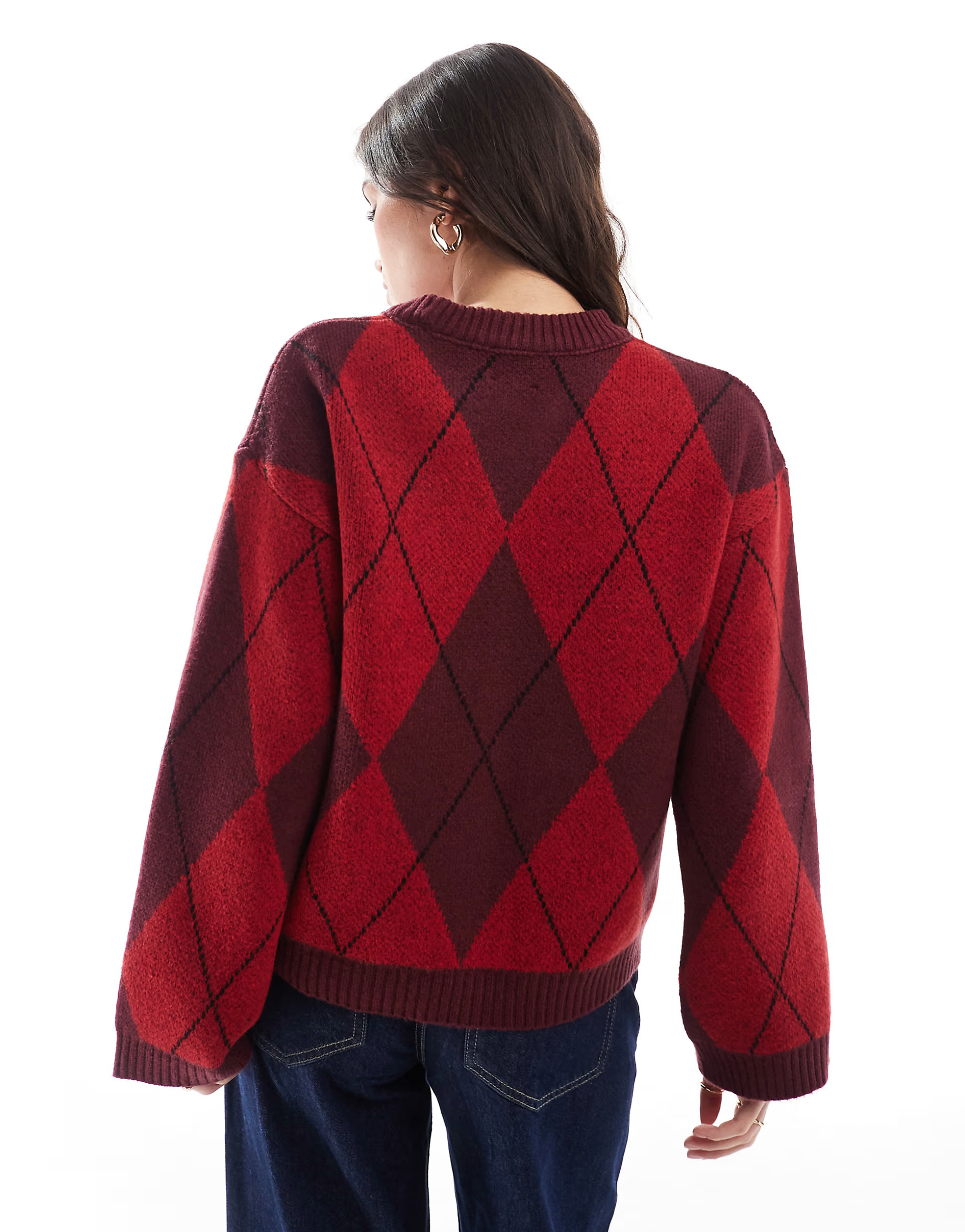 ASOS DESIGN knit fluffy sweater with argyle pattern in red and burgundy | ASOS (Global)