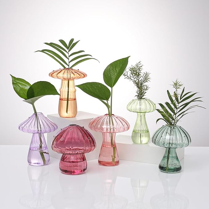 Mushroom Glass Vases for Indoor Plants, Set of 6 Colored Plant Propagation Stations, Mini Terrari... | Amazon (US)