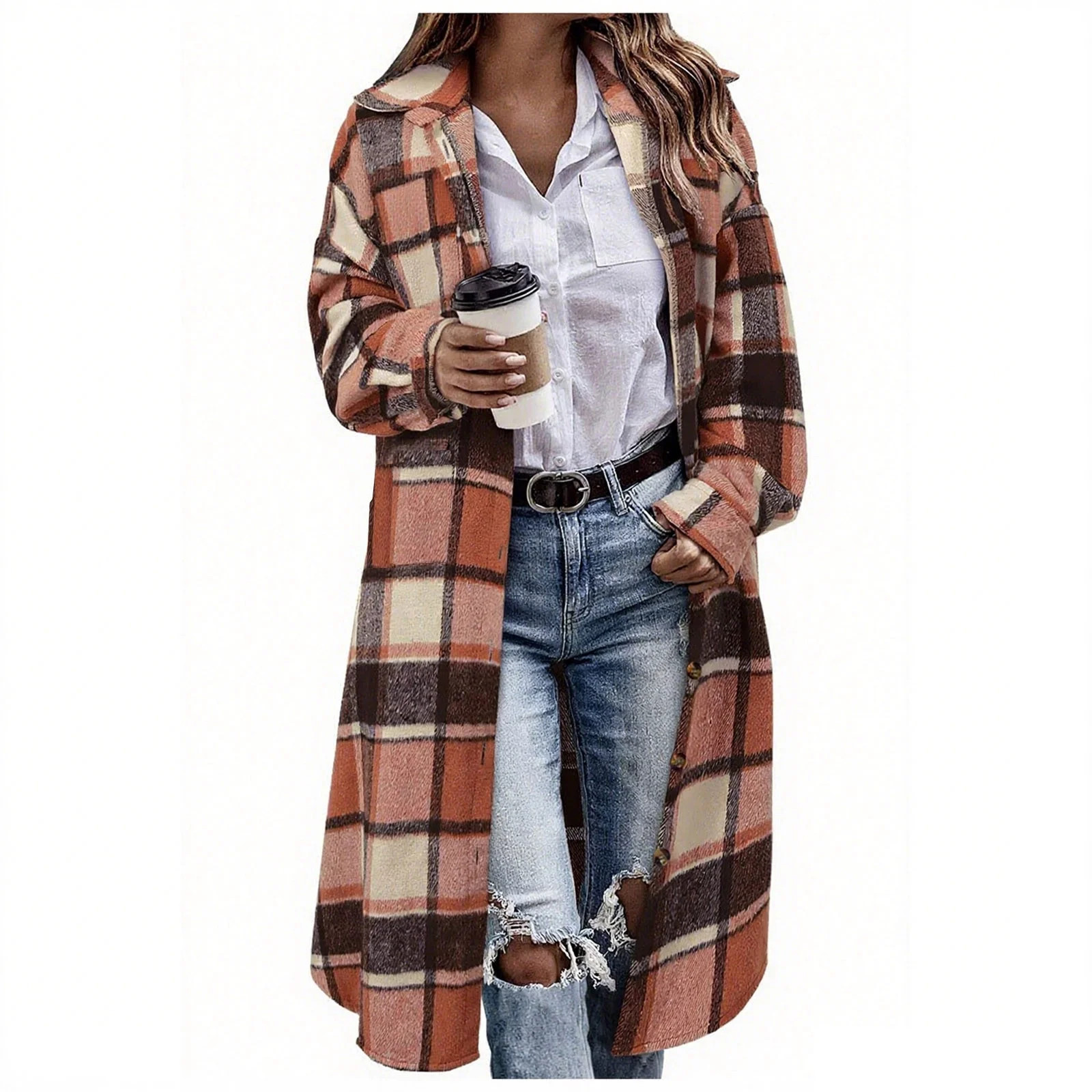 Fmbrln Womens Long Plaid Coat Full Button Long Sleeve Lapel Collar Checkered Jackets Fall Winter ... | Walmart (US)
