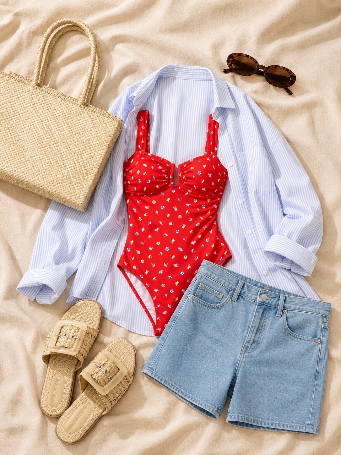 Memorial Day weekend uniform ❤️💙 A red one-piece swimsuit styled as a bodysuit with denim shorts, an oversized striped button-up, raffia slides, and a straw tote. Perfect for a beach day, pool day, lake weekend, or summer vacation outfit.

Shop this summer swim outfit + easy cover-up pieces here.

Memorial Day outfit, summer beach outfit, pool day outfit, red swimsuit, one-piece swimsuit, denim shorts, striped button-up, raffia sandals, straw tote, summer vacation outfit, beach cover up

#LTKootd #LTKSaleAlert #LTKSwim