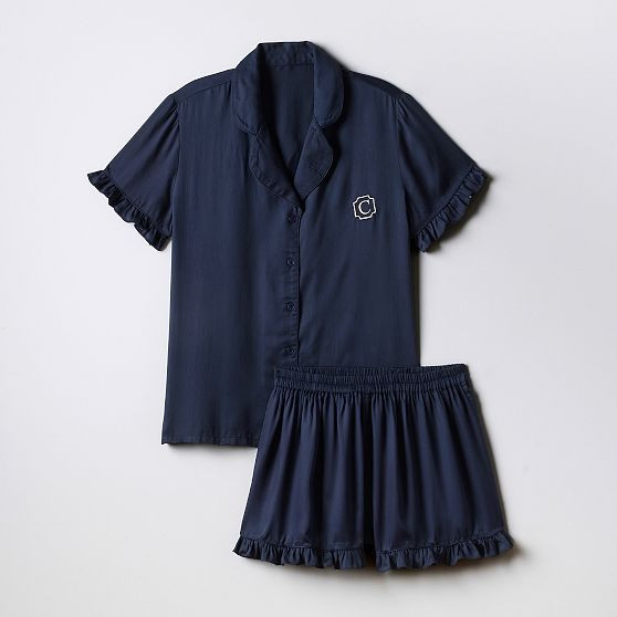 Ruffle Sateen Short Pajamas, Small, Navy | Mark and Graham